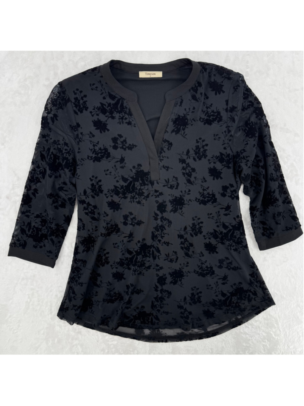 Black Sheer Top Velvet Flowers Lined 3/4 Sleeves Whimsigoth Goth Size Medium